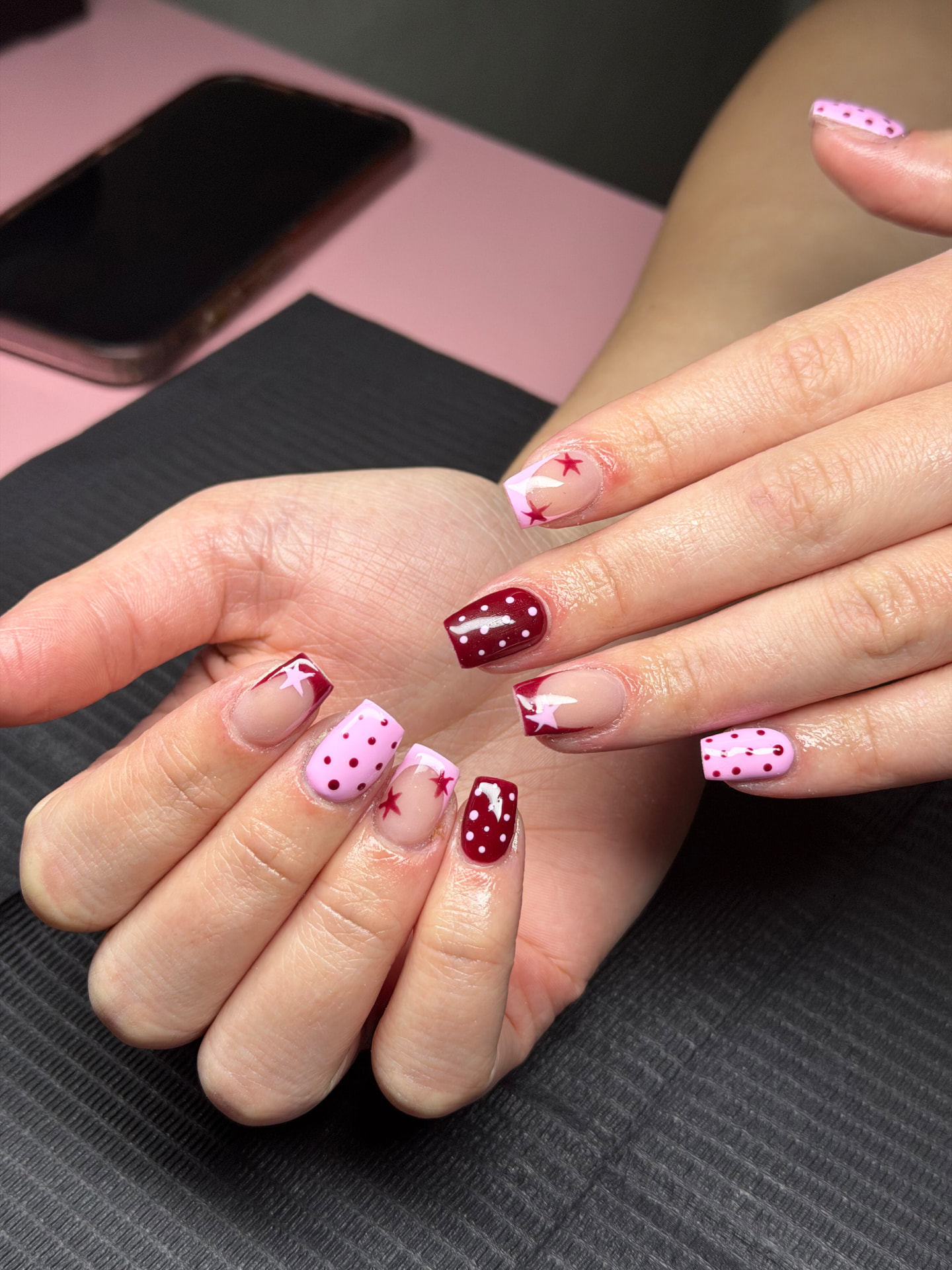 Cherry red and pink nail art by Serin