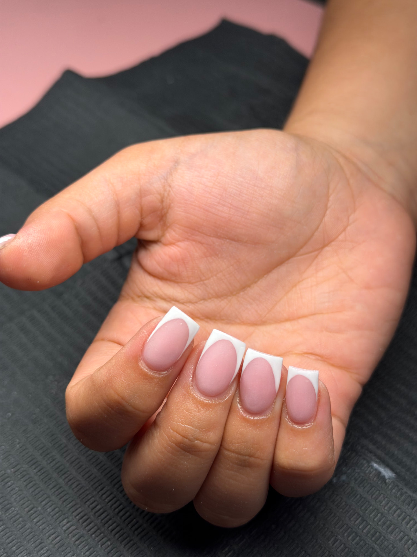 Pink square nails with white French tips by Serin